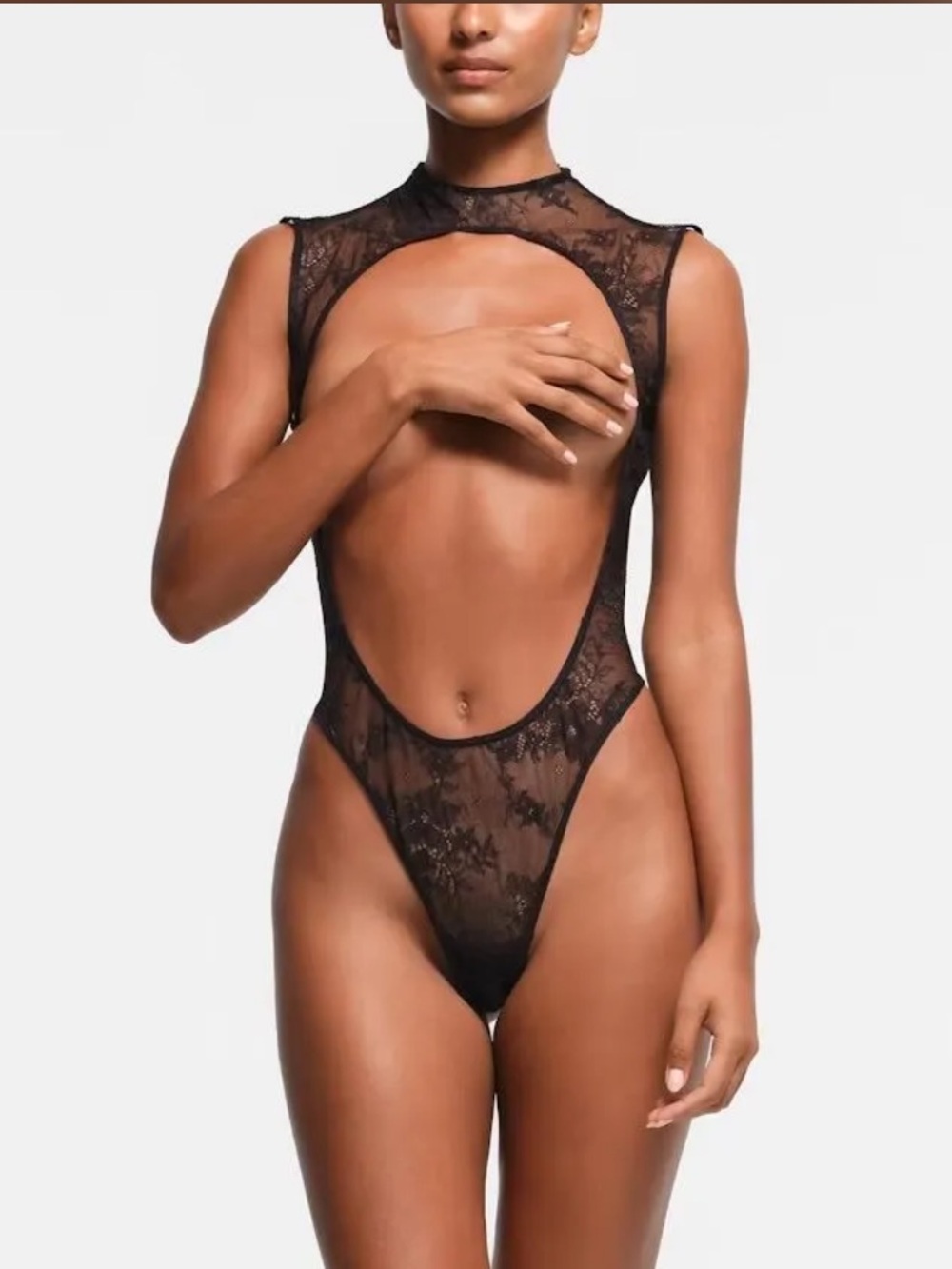 🖤 SKIMS Ultra Fine Lace Open Front Thong Teddy | Onyx | Plus Size 4X | NWT 🏷️